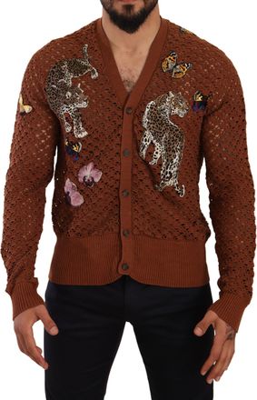 Dolce & Gabbana Mens Knit Cardigan Leopard Butterfly - Brown Cotton - Size EU 52 (Mens)