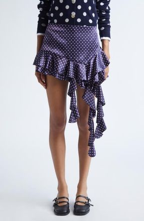 Sandy Liang Lucy Polka Dot Asymmetric Satin Skirt in Navy Multi at Nordstrom, Size 4