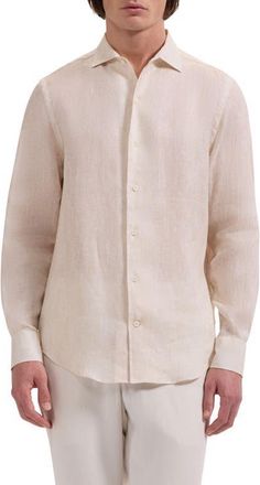 Bugatchi Axel Trim Fit Linen Jacquard Button-Up Shirt in Almond at Nordstrom, Size Xxx-Large