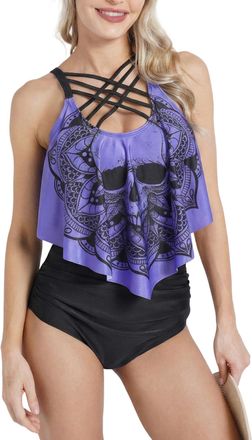 Dressfo Womens Bikini Set High Waisted Bikini Two Piece Bathing Suit Tummy Control Tankini Gothic Skull Swimsuit, Purple, Medium