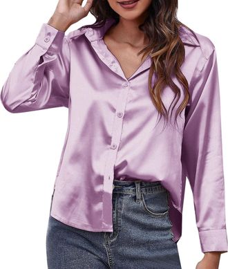 Generic Womens Elegant Festive Large Sizes Blouse Long Sleeve V-Neck Shirt Silk Casual Tops Button Down Work Plain Shirt Blouse Long Sleeve Shirts (Purple, S)