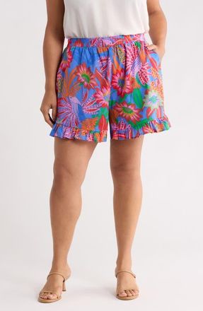 Sugarlips Cindal Floral Daniela Ruffle High Waist Shorts in Blue-Pink-Multi at Nordstrom, Size 1 X