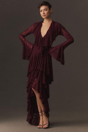 Norma Kamali High-Low Stretch Lace Ruffle Gown