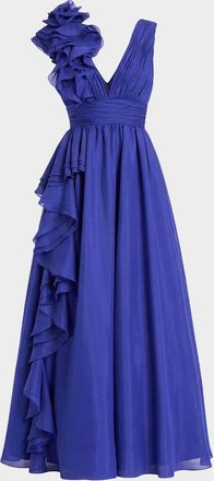 Mac Duggal Sleeveless Deep V-Neck Ruffle Gown