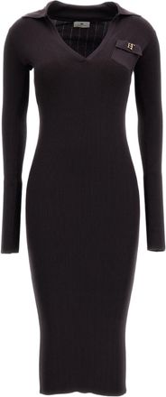 Elisabetta Franchi Ribbed Stretch Knit Midi Dress With Pointed Collar And Gold-Tone Logo