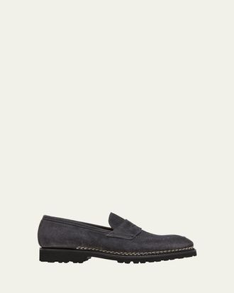 Bontoni Mens Principe Lug Sole Suede Penny Loafers