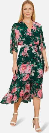 Yumi Midi Dip Hem Wrap Midi Dress in Green at Nordstrom, Size 14