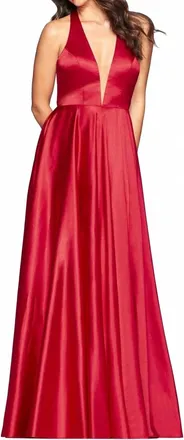 Faviana Satin A-Line Halter Dress In Red