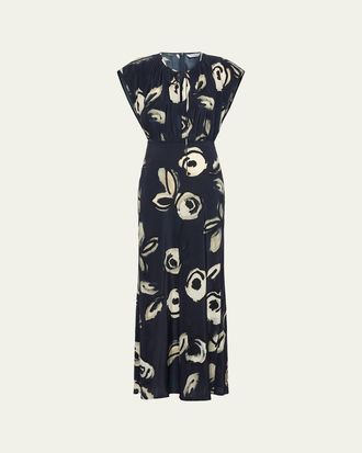 Max Mara Cap-Sleeve Floral-Print Silk Belted Maxi Dress
