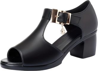 Generic Summer Wedge Sandals for Women Elegant Ladies Open Toe Chunky Heel Black Faux Cover Gold Buckle Casual Summer Outdoor Shoes Multifunctional Hollow Des