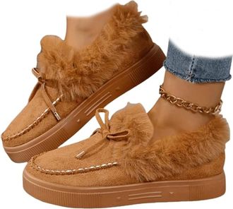 Generic Womens Winter Flat Boots Warm Durable Shoes With Fur,Cozy Bowknot Fleece Lining,Slip Resistant Indoor Outdoor Cozy Fleece Lined House Boots, Comfortab
