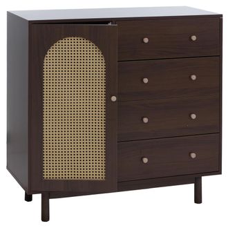 Hhg Com&ograve; Hhg-915, Armadietto Credenza, 4 Cassetti Vano Portaoggetti, Polyrattan Mdf Melamina 95x100x40cm, Color Noce
