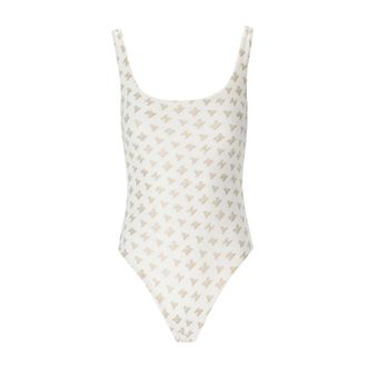 Max Mara One-piece, female, White, Size: XS Clarice Swimsuit with Gold Monogram Print