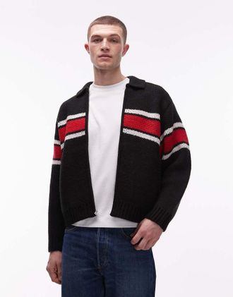 Obey Bernard - Cardigan nero a righe rosse con zip-Multicolore