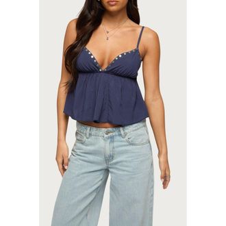 Edikted Alina Studded Crop Babydoll Camisole in Navy at Nordstrom, Size X-Small