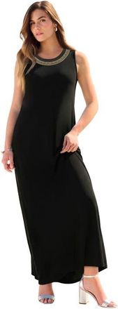 Roaman's Plus Size Sleeveless Crew Neck Maxi Dress in Black Gold Rhinestones at Nordstrom, Size 16