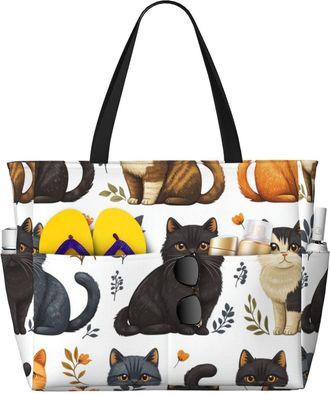 Generic Cute Cat Print Large Beach Bag Foldable Travel Shoulder Tote Bag With Pocket For Weekender Pool Vacation