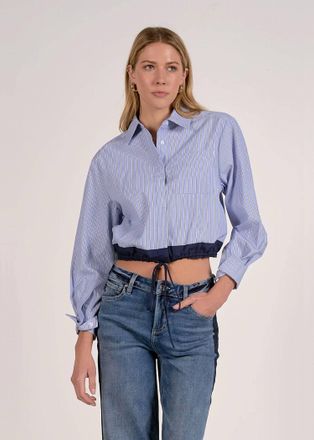 Elan Lana Cinched Button Down Top In Blue Stripe