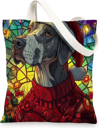 Generic Christmas Great Dane Dog Canvas Tote Bag for Shopping 13x15, Stained Glass Winter Puppy Reusable Grocery Print Pattern Bag for Women Men, Fun Pet Aest