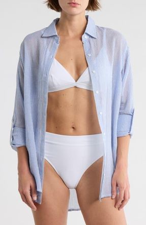 Elan Stripe Cover-Up Shirt in Blue White Stripe/Heart at Nordstrom, Size X-Small