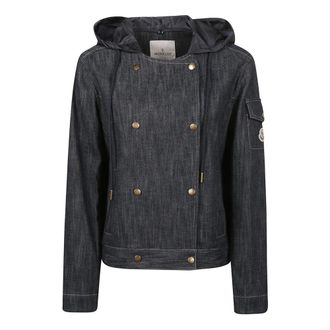 Moncler Denim Jackets, female, Blue, Size: 3XS Diervilla Hooded Double-Breasted Denim Jacket