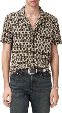 John Varvatos Geo Pattern Knit Camp Shirt in Light Khaki at Nordstrom, Size Xx-Large