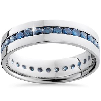 Pompeii3 Mens 1 1/5ct Blue Diamond Channel Set Eternity Ring 14K White Gold Wedding Band Size Selectable