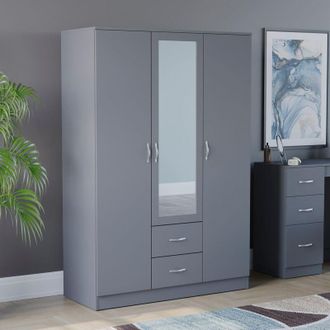 Home Discount Home Discount - Riano 3 Door 2 Drawer Mirrored Wardrobes With Hanging Rail & Shelves, Grey