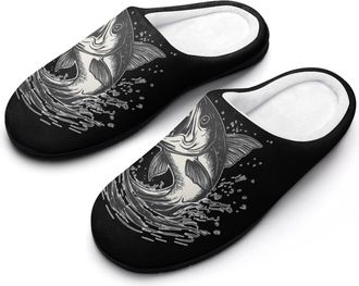 Generic Jumping Bass Fish Slippers Men Winter Warm Cotton Anti-Slip Indoor Slip-Ons House Shoes
