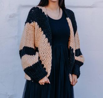 Elan Chunky Knit Stripe Cardigan In Beige Black
