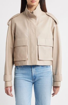 Fleurette Maeve Crop Leather Moto Jacket in Fawn at Nordstrom, Size Medium