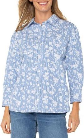 Liverpool L.A. Floral Stripe Cotton Poplin Button Up Shirt in Blue White Floral Stripe at Nordstrom Rack, Size X-Small