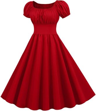 Generic Party 50s Retro Short Swing Neck 60s Summer Dress Vintage Womens Dress Puff Sleeves Womens Dress, red, S