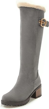 Generic Eestfy Womens Knee High Winter Boots Suede Sherpa Lining Chunky Block Heel Gold Buckle Lug Sole Platform Side Zip Travel Outdoor Walking Cold Weather 