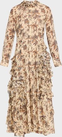 Ulla Johnson Rhea Botanical Metallic Chiffon Shirtdress with Ruffle Skirt
