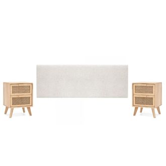 Deco Wood Pack cabecero tapizado liso + 2 mesitas de madera beige 180x60cm