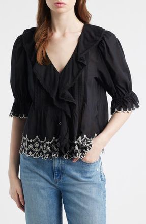 Madewell Ruffle Puff Sleeve Top in Jet Black at Nordstrom, Size Xx-Large