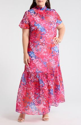 Sugarlips Leah Abstract Mock Neck Organza Maxi Dress in Pink-Blue at Nordstrom, Size 2 X