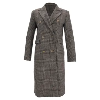 Sandro Sandro Houndstooth Print Long Coat Brown Wool