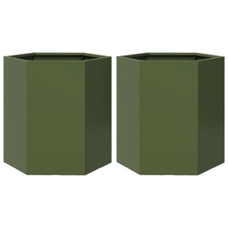Berkfield Home Garden Planter 2 pcs Olive Green Hexagon 46x40x45 cm Steel | Size: 46 x 40 x 45 cm