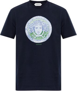 Versace Katoenen T-shirt met print - Heren - T-shirts - Blauw - 3XL - Katoen - Tops