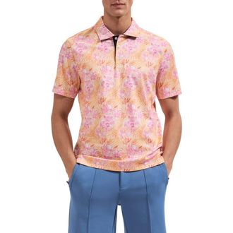 Bugatchi Hendrix Floral Pima Cotton Polo in Peach at Nordstrom, Size Xx-Large