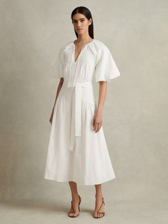 Reiss Womens White Lyocell Puff Sleeve Midi Dress, Size: 12