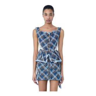 Vivienne Westwood Short Dresses, female, Blue, Size: S Frayed Plaid Mini Dress