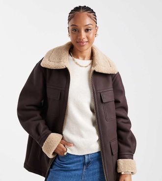Asos Tall ASOS DESIGN Tall - Giacca doppiata color cioccolato media lunghezza in pelle sintetica-Marrone