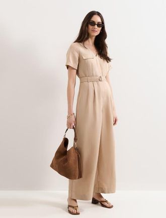 Phase Eight Daniela V-Neck Short Sleeve Jumpsuit in Neutral at Nordstrom, Size 14
