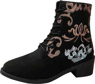 Generic Black Women Elegant Embroidered Boots with Front Lace Up and Suede Texture Ideal for Outdoor and Leisure Occasions in Cool Seasons
