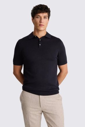 Moss Navy Merino Knitted Polo Shirt