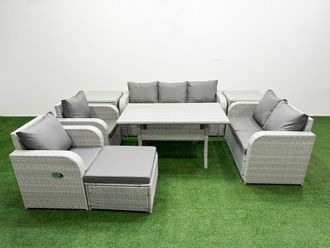Fimous PE Rattan Garden Furniture Set Reclining Chair Sofa Double Love Seat 2 Seater Sofa Lounge Set Rectangular Dining Table Big Footstool 2 Side