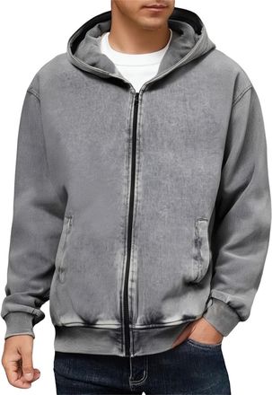 Generic Mens Oversize Acid Wash Hoodie Full Zip Up Long Sleeve Sweatshirt Retro Fleece Hooded Jackets with Pockets Fall Fashion Hoodies Winter Streetwear Grey